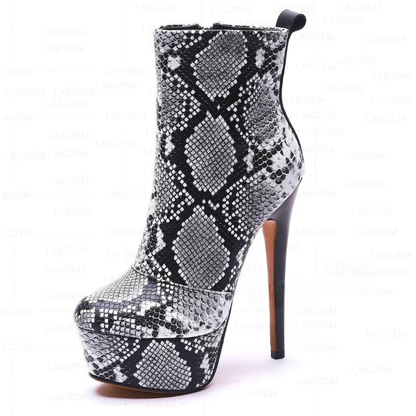 Women Ankle Boots Snake Print Platform Side Zip Up Stiletto High Heels Short Boots