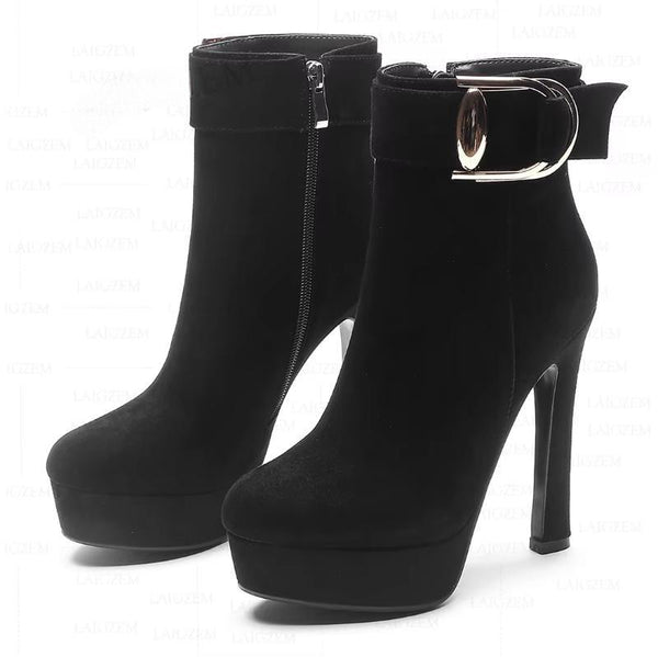 Women Ankle Boots Real Suede Platform Side Zip Up 13CM High Heels Short Booties