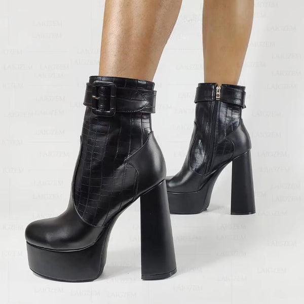 Women  Side Zip Platform Chunky Block High Heels Short Boots