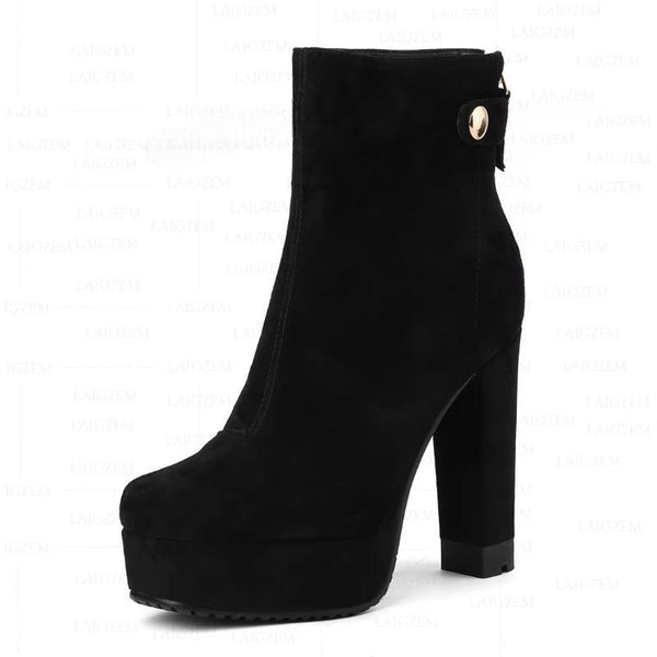 Women Ankle Boots Leather/Suede Back Zip Platform Chunky Block High Heels Short Boots