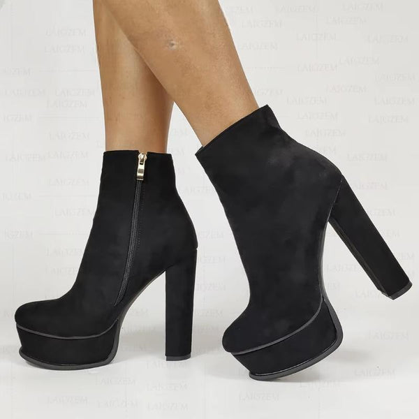 Platform Zip Up Round Toe Chunky Block High Heels Short Boots