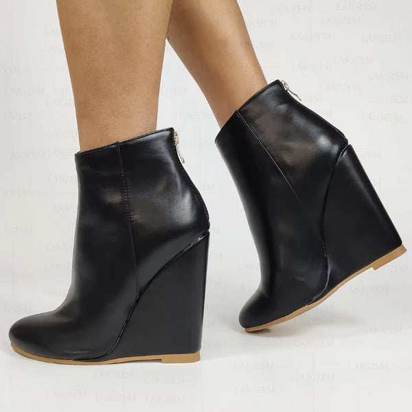 Women Ankle Boots Round Toe Wedges High Heels Back Zip Booties