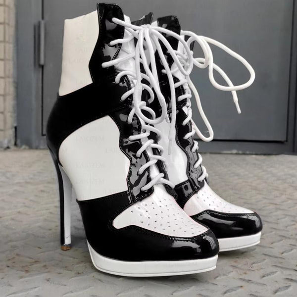 Round Toe Shiny Thin High Heels Comfortable Lace Up Short Boots