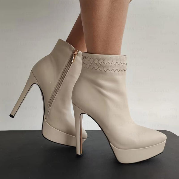 Women Ankle Booties Real Leather Side Zip Up 13CM High Heels Boots