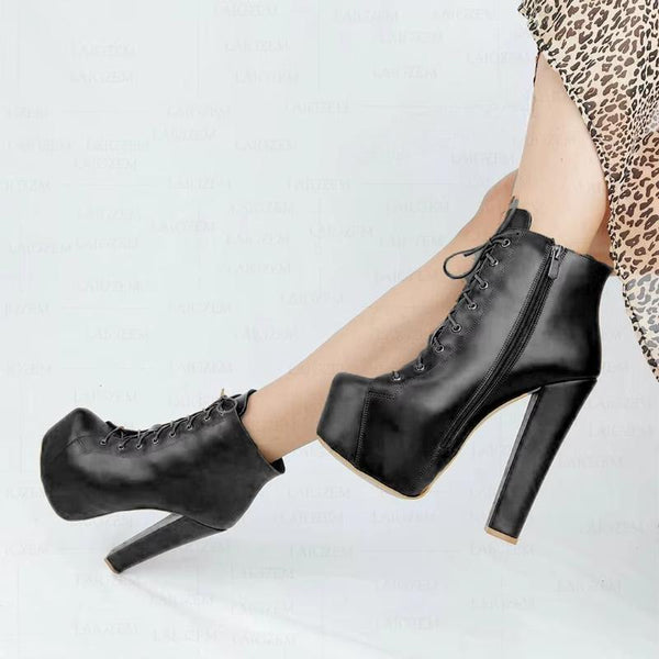 SUPER Women Ankle Boots Platform Faux Leather Chunky High Heels Booties