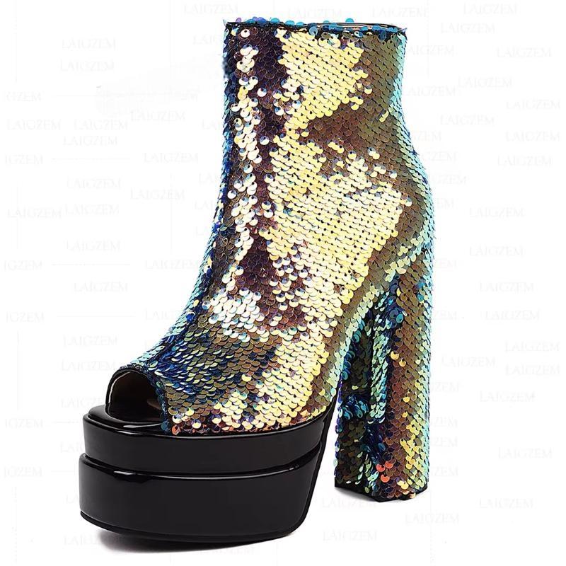 Bling Glitter Thick High Heels Peep Toe Short Boots Zip Up Ladies Party Shoes