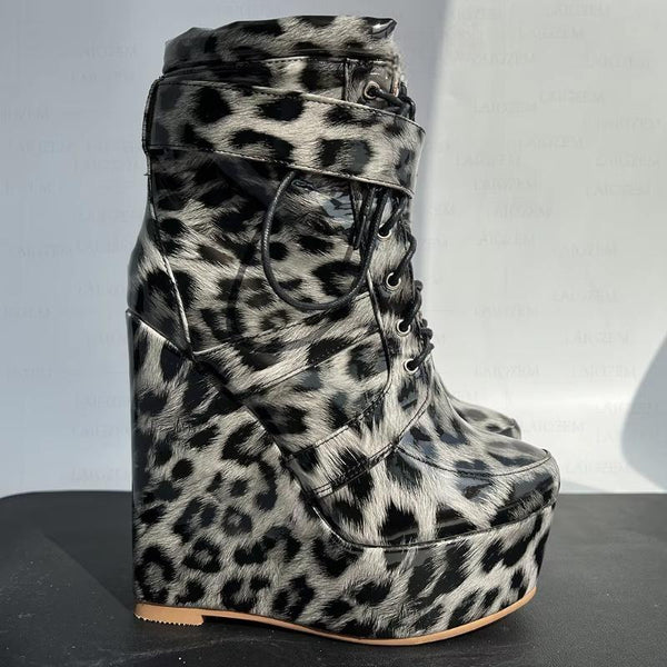 Platform Wedges Leopard Lace Up Short Booties Ladies Height Increase Shoes