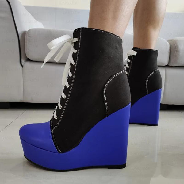 Platform Wedges Lace Up Short Booties Height Increase Comfortable Shoes