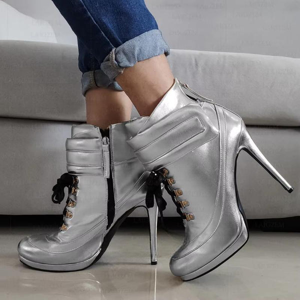 Round Toe Stiletto High Heels Back Zip Up Short Booties Faux Leather Shoes