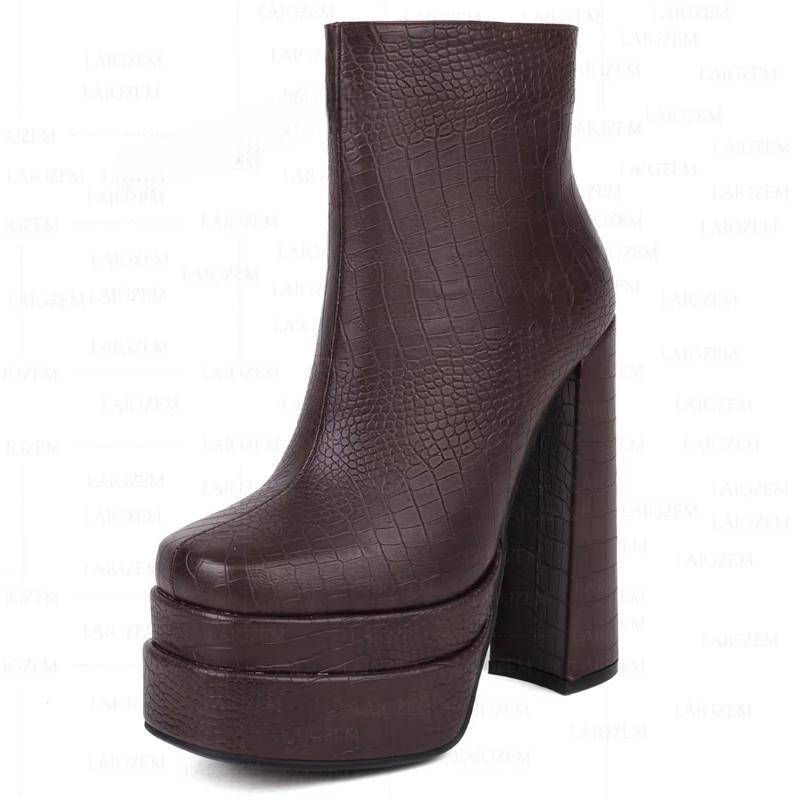 Crocodile Print Platfrom Zip Up Block Thick High Heels Female Shoes Woman