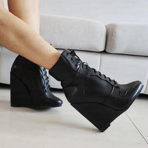 Women Ankle Boots Wedges Lace Up Round Toe Faux Leather Short Booties