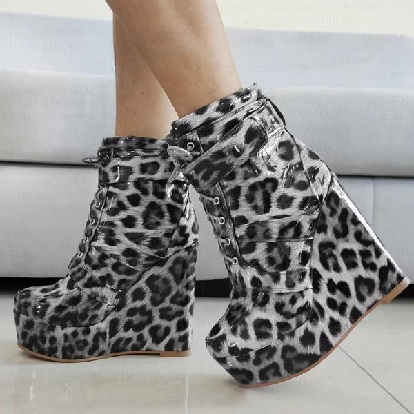 Women Ankle Boots Platform Wedges Shiny Round Toe Short Booties