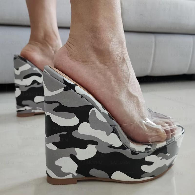 Women Sandals Peep Toe Platform Clear PVC Pumps Camouflage Summer Height Increase Shoes