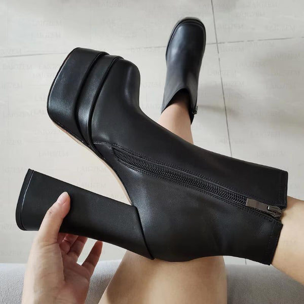 Women Ankle Boots REAL LEATHER Zip Up Block High Heels Square Toe Short Booties