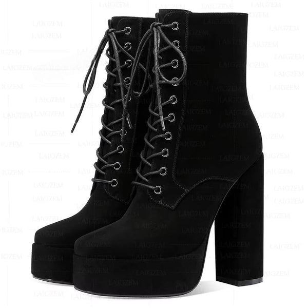 Real Leather/ Suede Square Toe 13CM Block High Heels Short Boots Ladies Shoes