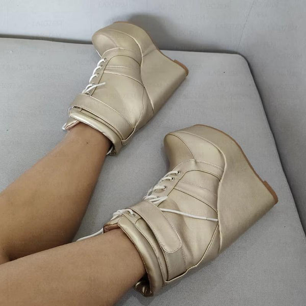 Platform Wedges Lace Up Height Increase Short Booties