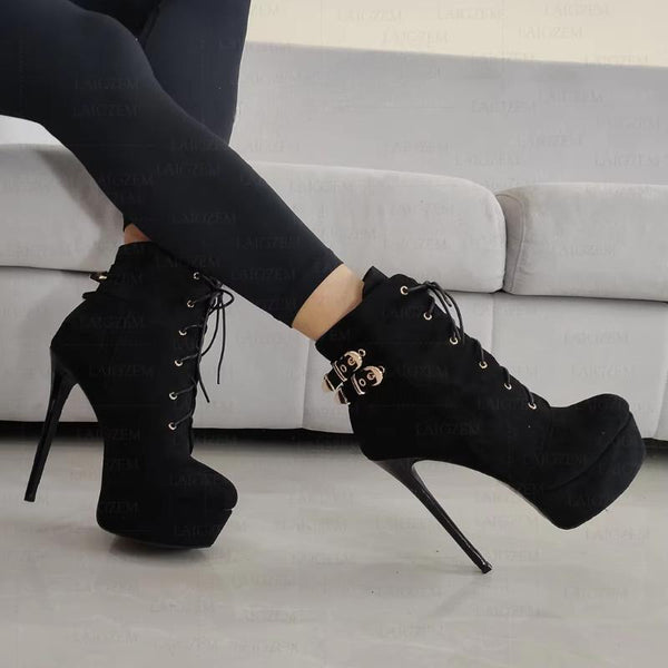 Platform Faux Suede Lace Up Thin High Heels Booties Stiefel Ladies Shoes Woman