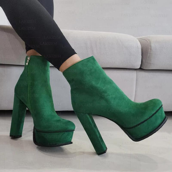 Platform Round Toe Thick High Heels Side Zip Up Short Booties Unisex Shoes Woman