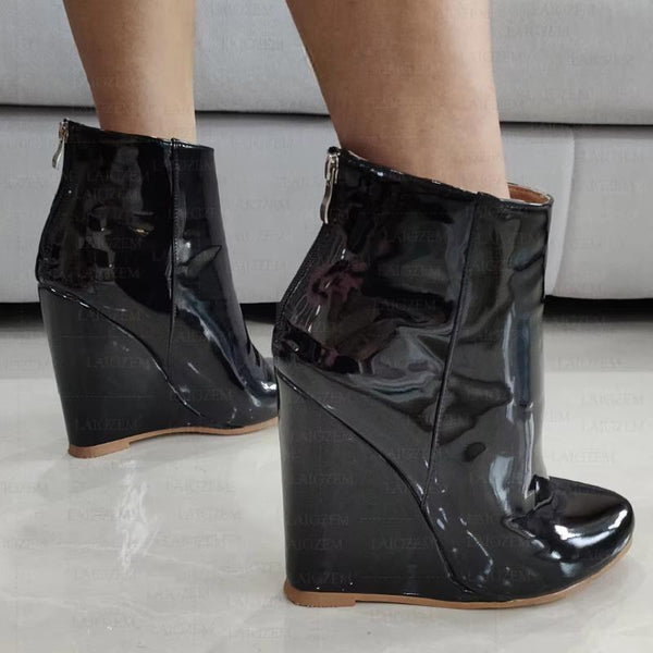 Women Ankle Boots Wedges High Heels Shiny Back Zip Round Toe Short Boots