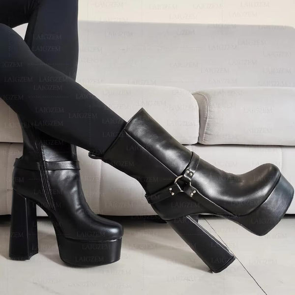 Platform Round Toe Thick High Heels Side Zip Up Short Booties Unisex Shoes Woman