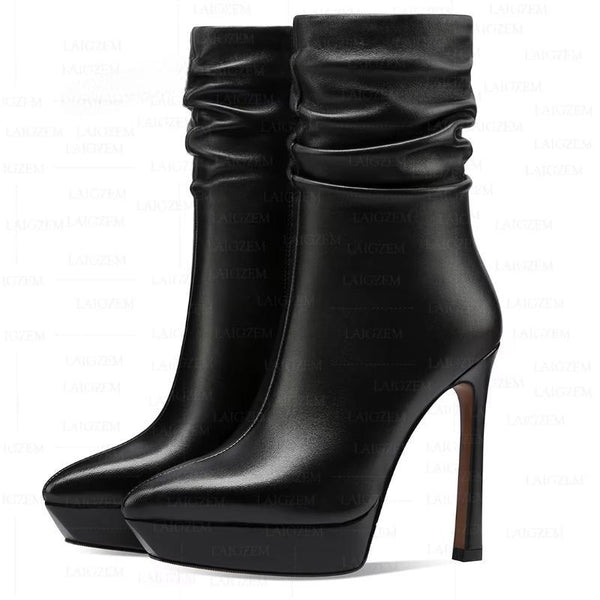 Real Leather Pleated Platform 12.5CM High Heels Side Zip Booties Ladies Shoes Woman