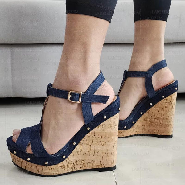 Women Platform Wedges Sandals Denim Studded Open Toe Pumps