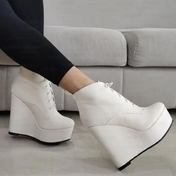 Platform Wedges Lace Up Faux Leather Short Boots Height Increase Lady Shoes