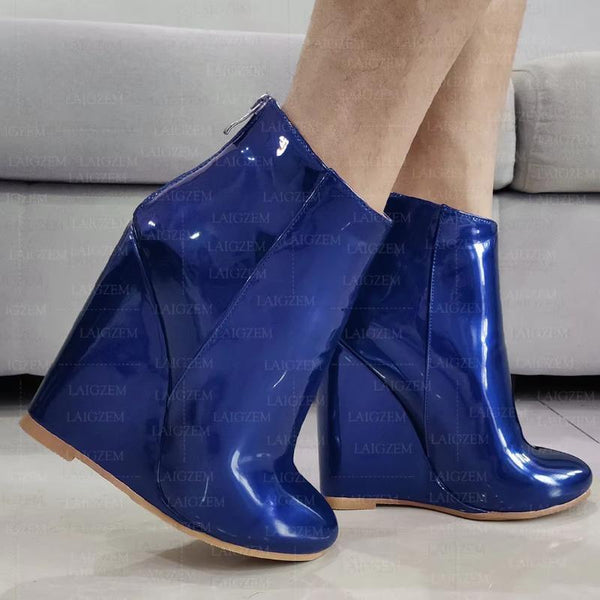 Women Ankle Boots Wedges Super High Back Zip Up Round Toe Handmade Short Boots