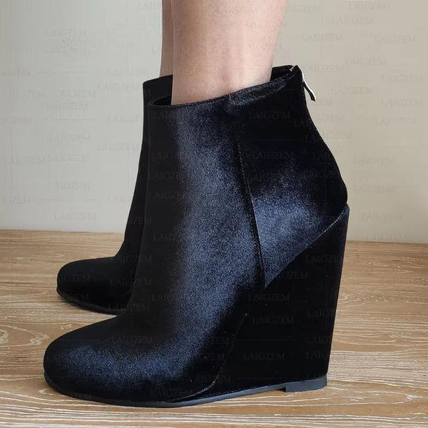 Women Ankle Boots Wedges Round Toe Velvet High Back Zip Up Handmade Short Boots