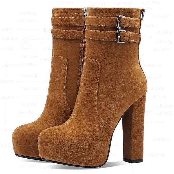 Real Suede Platform Round Toe 13CM Thick High Heels Short Boots Shoes Woman