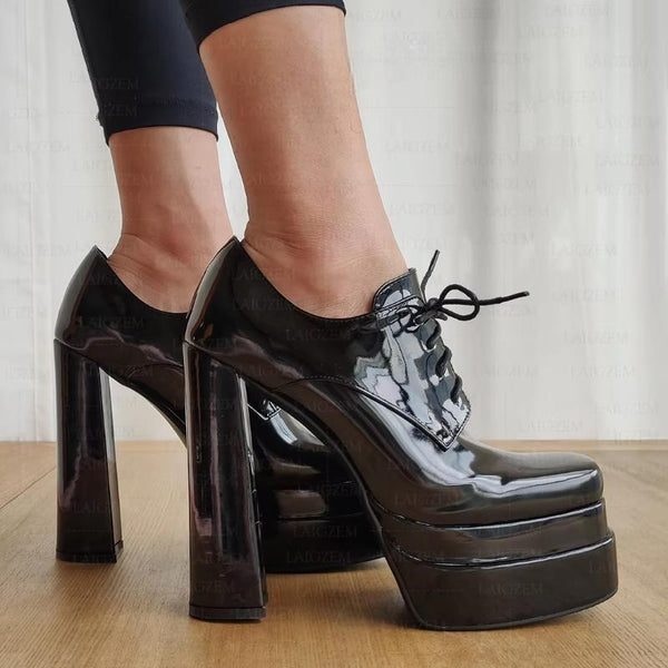 Shiny Lace Up Platform Square Block Thick High Heels Female Short Boot