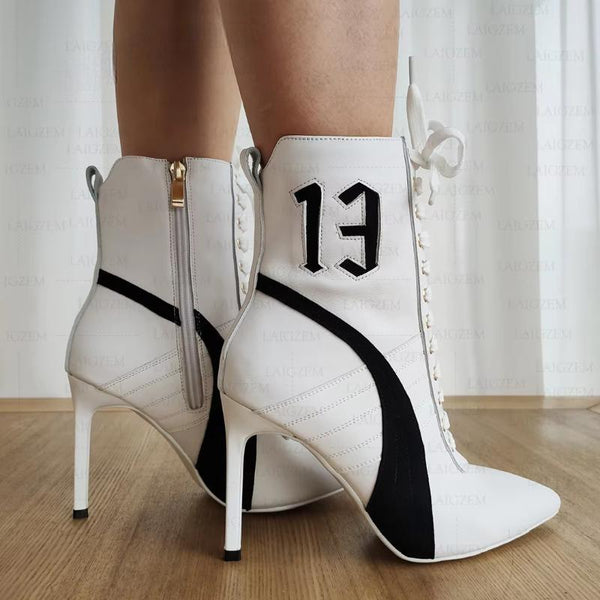 Real LEATHER Lace Up Zip Up 9.5CM Thin Heels Boots Patchwork Shoes