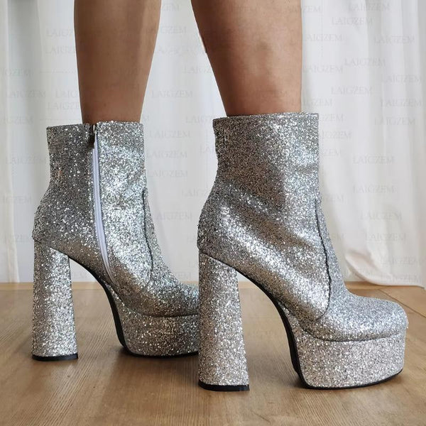 Women Ankle Boots Bling Glitter Side Zip Up Thick High Heels Short Booties