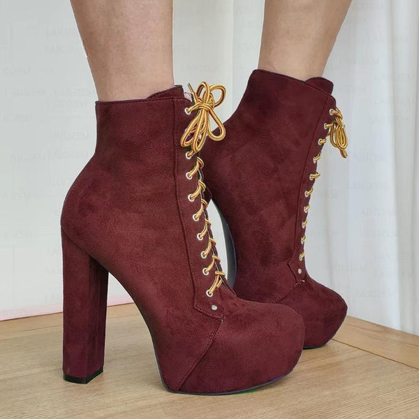 Platform Faux Suede Lace Up Thick High Heels Short Booties Handmade Shoes Woman