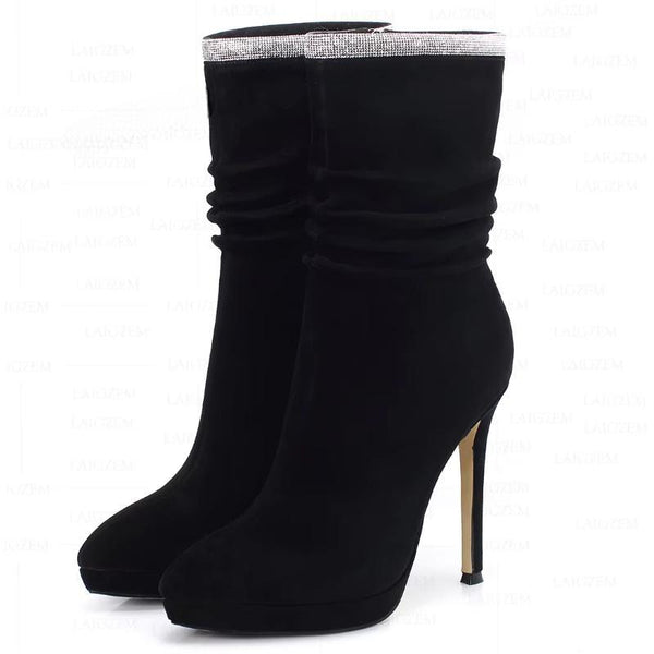 Women Calf Boots Real Leather/ Suede Bling Crystal Pointed Toe Side Zip Up Thin High Heels Shoes