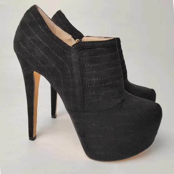 Women Ankle Boots Side Zip Up Faux Suede Thin High Heels Booties