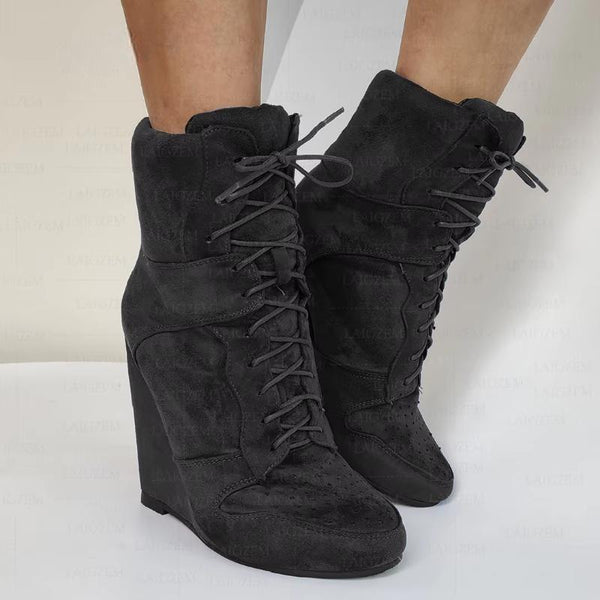 Women Ankle Boots Wedges Round Toe Lace Up Faux Suede Short Booties