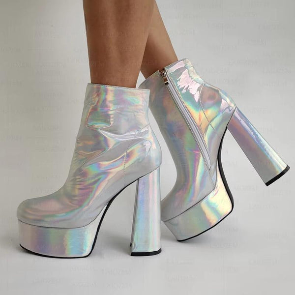 Women Ankle Platform Boots Side Zip Up Platform Thick High Heels Boots Shoes