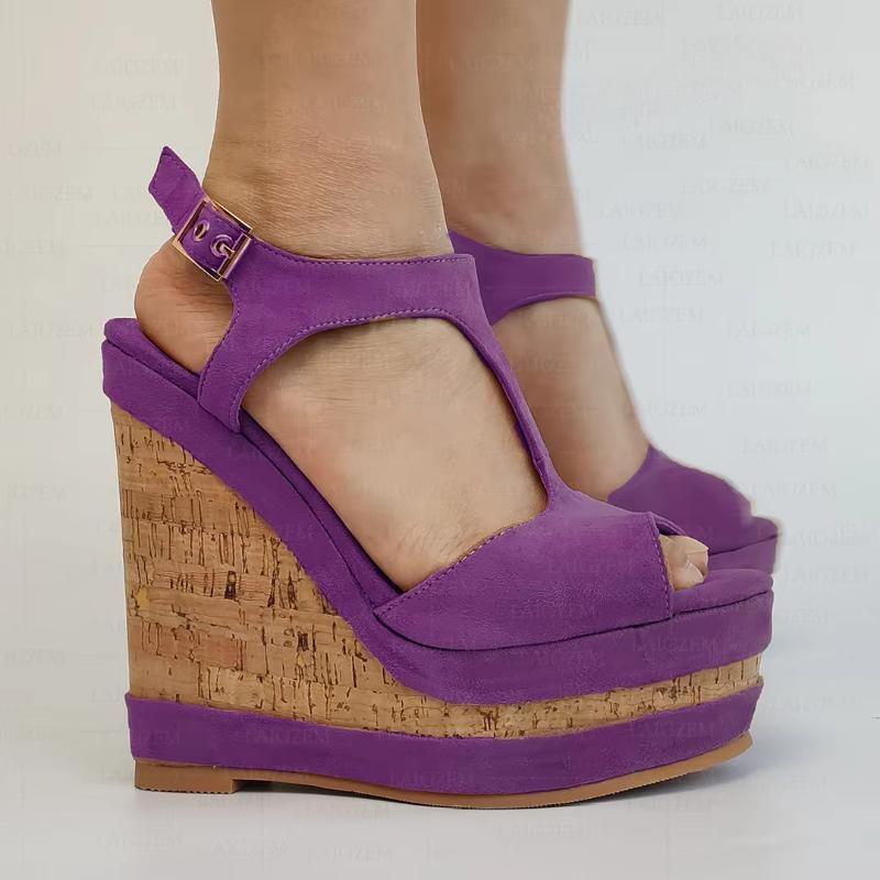 Faux Suede Platform Peep Toe Wedges Pumps Ankle Strap Height Increasing Shoes