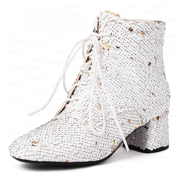 Women Ankle Boots  Glitter 6CM Square Heels Side Zip Up Short Booties