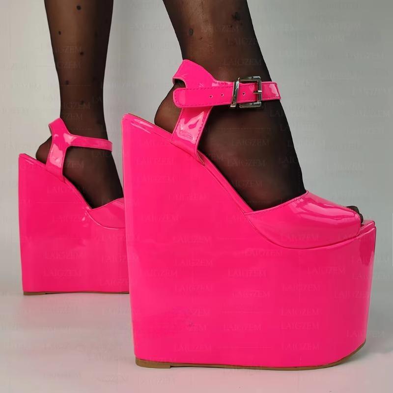 Platform Wedges 22CM Neon Colors Ankle Strap Pumps Height Increase Shoes