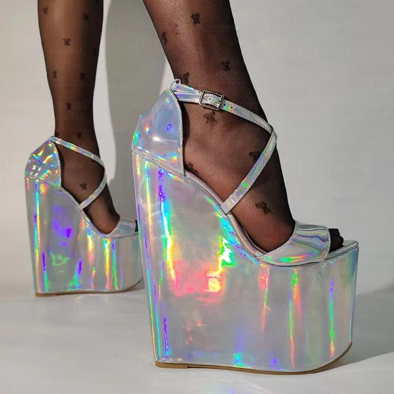 Women Platform Wedges Sandals Holographic 20CM High Heels Pumps