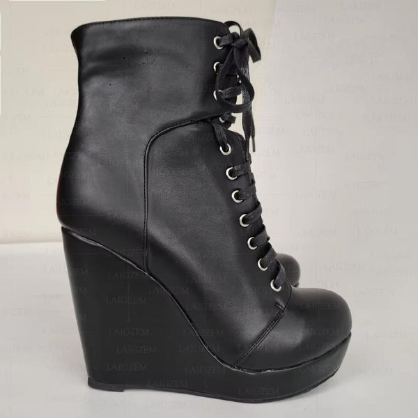 Platform Wedges Lace Up Round Toe Faux Leather Short Booties