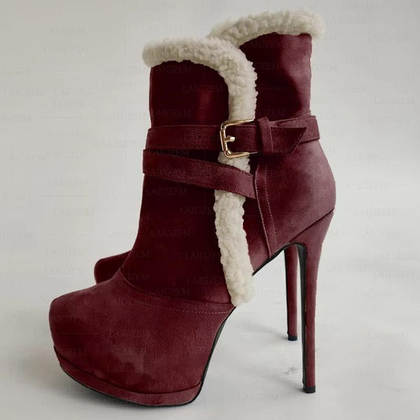 Round Toe Pull On Thin High Heels Short Booties Buckle Strap Ladies Shoes Woman