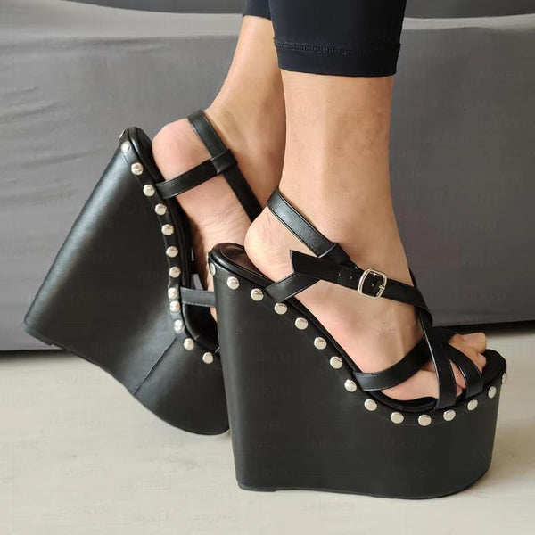 Women Sandals 20CM High Heels Studded Faux Leather Open Toe Pumps