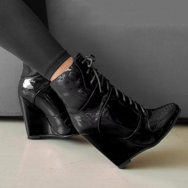 Women Ankle Boots Wedges Round Toe Lace Up Shiny High Heels