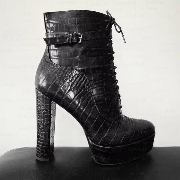 Women Ankle Boots Platform Zip Up Thick High Heels Crocodile Print Short Booties