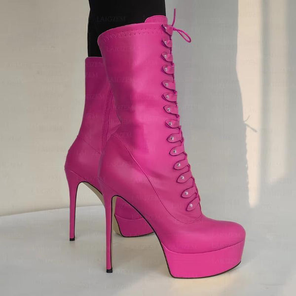 Women Calf Boots Platform Round Toe Side Zip Up Thin High Heels Boots