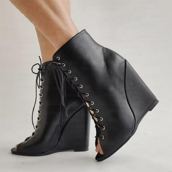 Women Ankle Boots Wedges Zip Up Peep Toe Faux Leather Short Spring Summer Booties