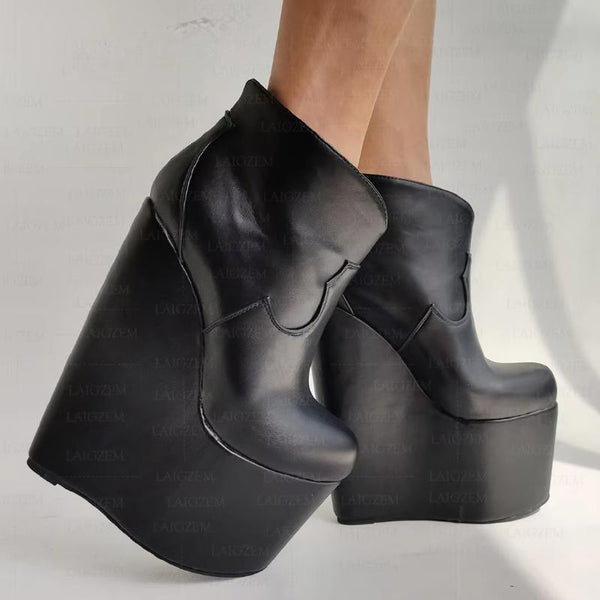 Women Ankle Boots Platform 20CM High Heels Pull On Faux Leather Short Boots